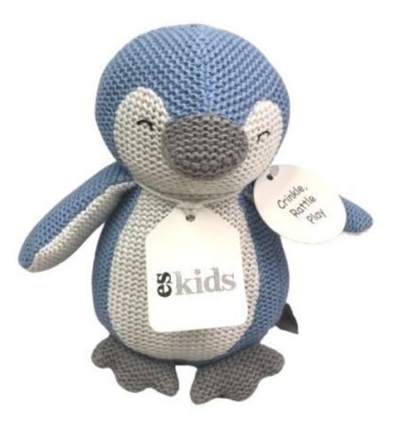 Knitted Rattle/Crinkler Penguin Blue