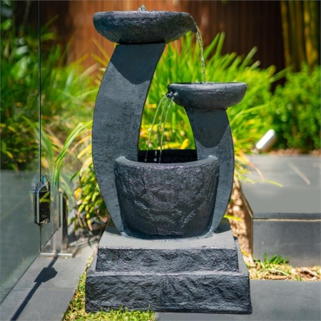 PROTEGE Solar Powered Water Feature Fountain Bird Bath with LED Lights - Charcoal