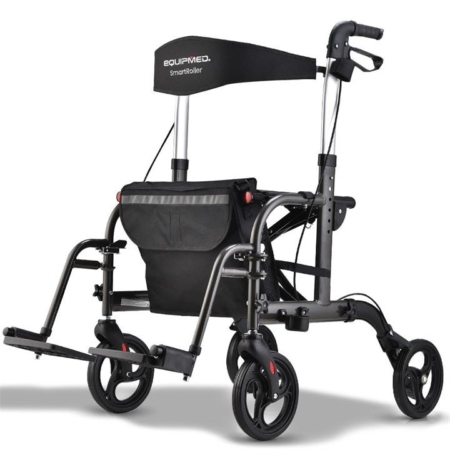 EQUIPMED SmartRoller 2-in-1 Aluminium Rollator and Transit Wheelchair - Titanium