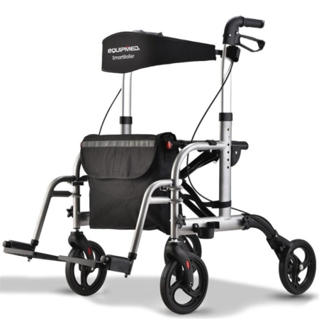 EQUIPMED SmartRoller 2-in-1 Aluminium Rollator and Transit Wheelchair - Silver