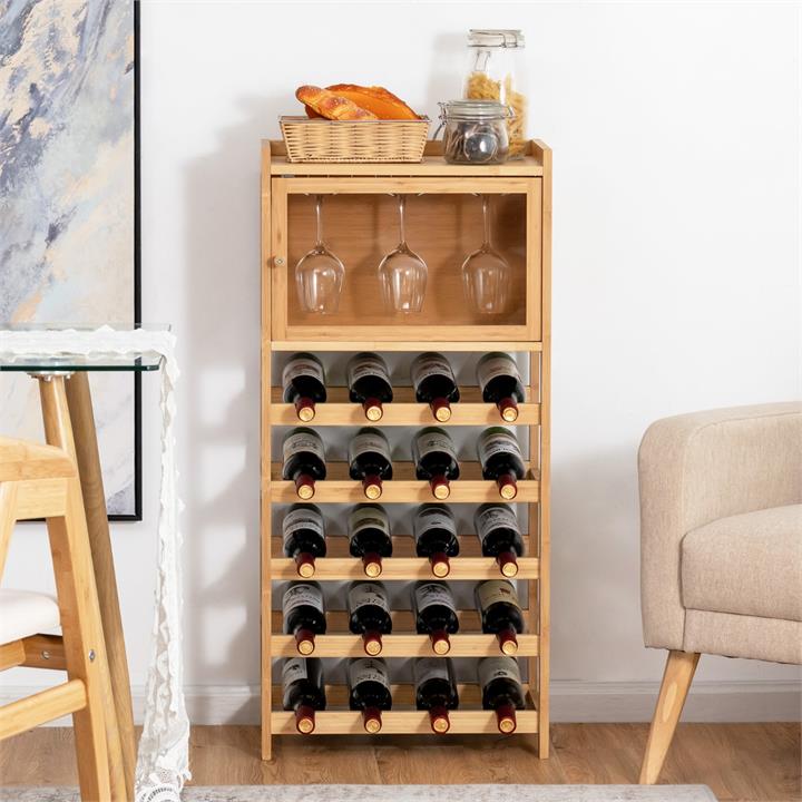 20-bottle bamboo wine rack w/ glass holder