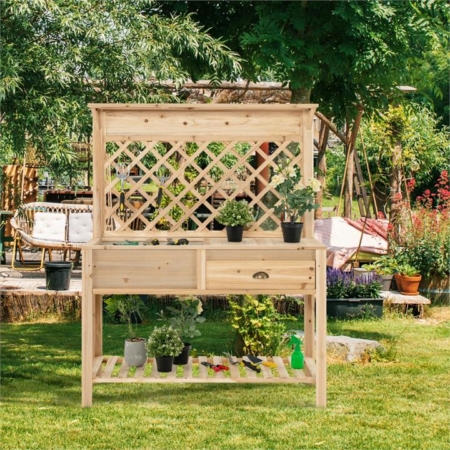 wooden raised garden bed with trellis