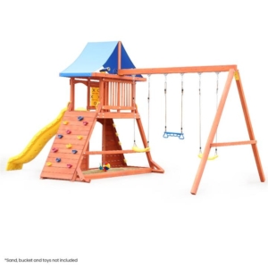 ROVO KIDS Outdoor Slide and Swing Play Set with Sand Pit Climbing Wall Noughts and Crosses