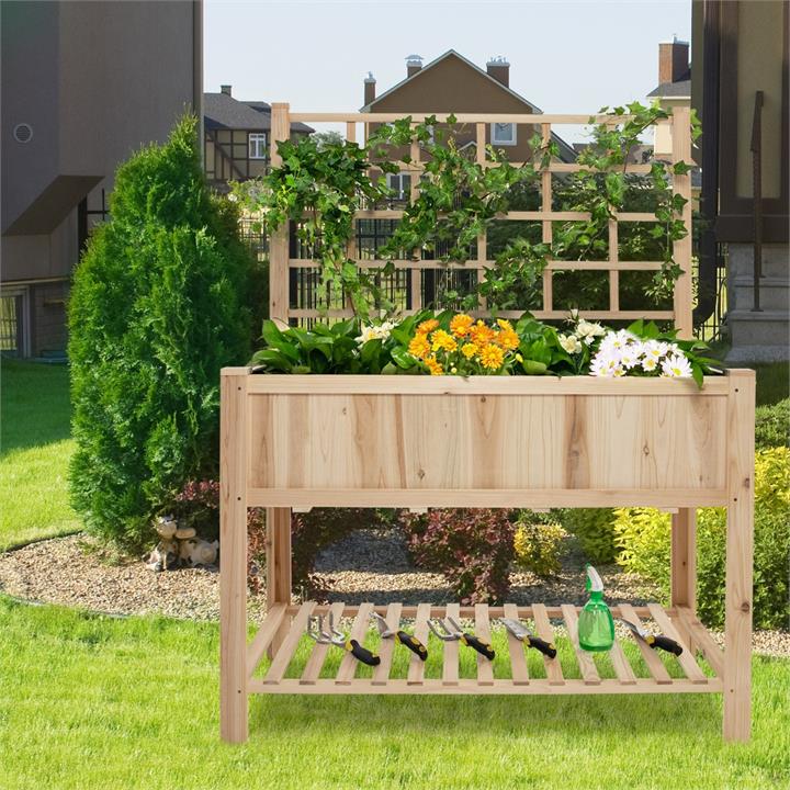 wooden raised garden bed with trellis