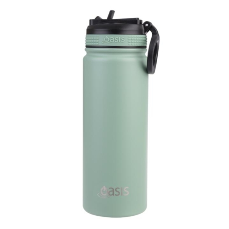 Oasis Stainless Steel Double Wall Insulated Challenger Sports Bottle with Sipper Straw (550ml) Sage Green