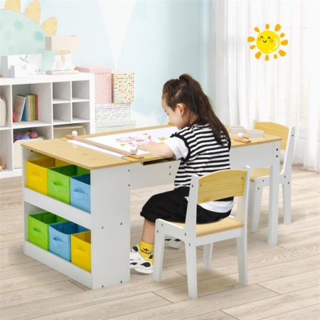 kid art table and 2 chairs; wooden drawing desk; 2-in-1 kids art table and art easel set; toddler craft and play wood activity table; living and learning kids' art table and stool set; wooden drawing and painting desk; toddler drawing table; storage canvas bins