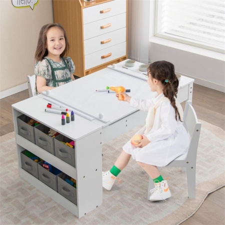 kid art table and 2 chairs; wooden drawing desk; 2-in-1 kids art table and art easel set; toddler craft and play wood activity table; living and learning kids' art table and stool set; wooden drawing and painting desk; toddler drawing table; storage canvas bins