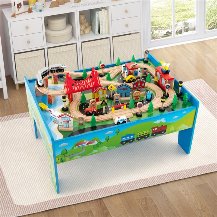 wooden train tracks set & table