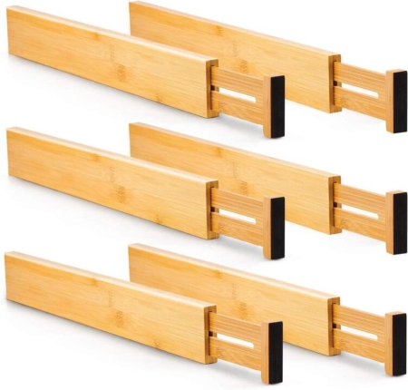 6 Pack Bamboo Adjustable Kitchen Drawer Dividers (Large