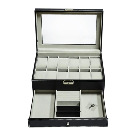 12 Grids Watch Display Case Leather jewellery Storage Box Organiser Lock Key