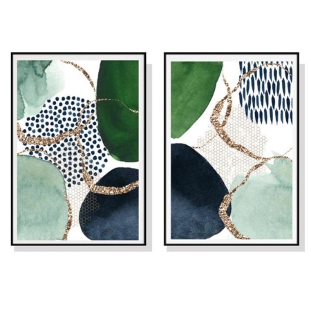 60cmx90cm Abstract Green and Navy 2 Sets Black Frame Canvas Wall Art