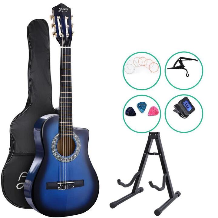 Alpha 34'' Inch Guitar Classical Acoustic Cutaway Wooden Ideal Kids Gift Children 1/2 Size Blue with Capo Tuner