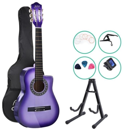 Alpha 34'' Inch Guitar Classical Acoustic Cutaway Wooden Ideal Kids Gift Children 1/2 Size Purple with Capo Tuner