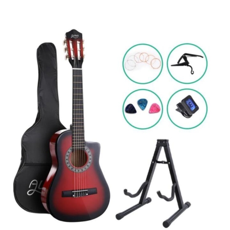 Alpha 34'' Inch Guitar Classical Acoustic Cutaway Wooden Ideal Kids Gift Children 1/2 Size Red with Capo Tuner