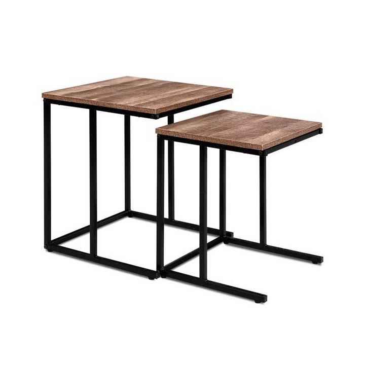 Artiss Rustic Nesting Side Tables Wooden with Metal Frame