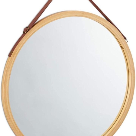 CARLA HOME Hanging Round Wall Mirror 45 cm - Solid Bamboo Frame and Adjustable Leather Strap for Bathroom and Bedroom