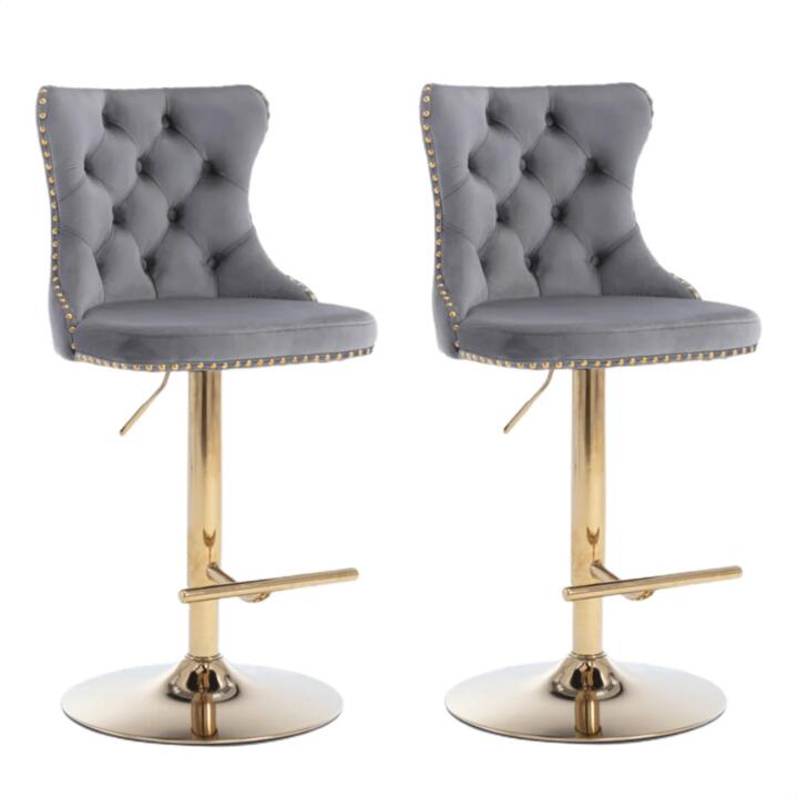 2x Height Adjustable Swivel Bar Stool Velvet Studs Barstool with Footrest and Golden Base- Grey