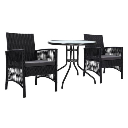 Gardeon Outdoor Furniture Dining Chairs Rattan Garden Patio Cushion Black 3PCS Tea Coffee Cafe Bar Set