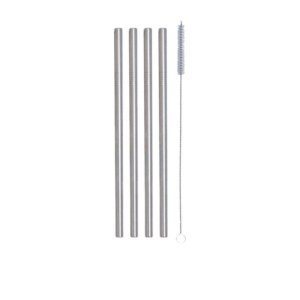 Cuisena Stainless Steel Smoothie Straws w/ Cleaning Brush Straight Set of 4 Silver
