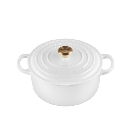 Le Creuset Signature Cast Iron Round Casserole 22cm - 3.3L White with Gold Knob