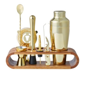 Davis & Waddell Cocktail Set with Acacia Stand 10pc Gold