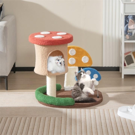 Costway mushroom cat tree with full-wrapped sisal post scratching board interactive spring ball cat tower cat furniture kitten tower wooden cat activity center cat climbing stand cat tree tower kitten tree tower cat entertainment playground furniture