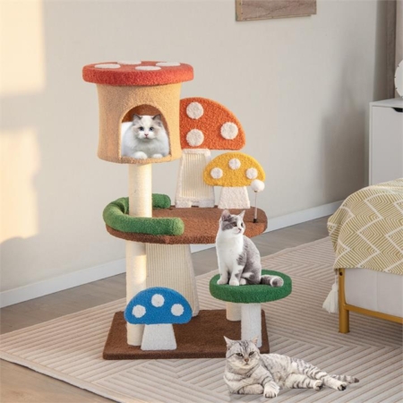 Costway mushroom cat tree with full-wrapped sisal posts scratch boards multi-layer cat tower with platforms condos cat furniture multi-platform kitten tower wooden cat activity center cat climbing stand cat tree tower cat entertainment playground furniture