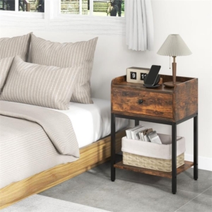 Bedside Table Industrial Nightstand Sofa Side Table Storage Shelf Rustic Brwon