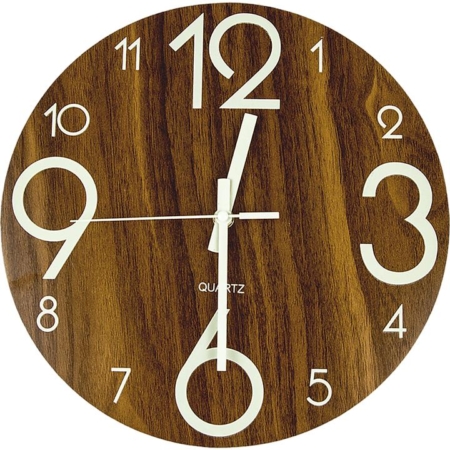 Glow In Dark Wall Clock Luminous Quartz Wooden Non Ticking Home Decor 12''/30cm