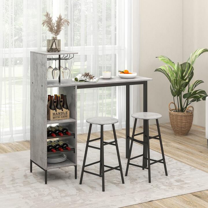 3 Pieces Bar Table and Chair Set with 6-Bottle Wine Racks for Dining Room