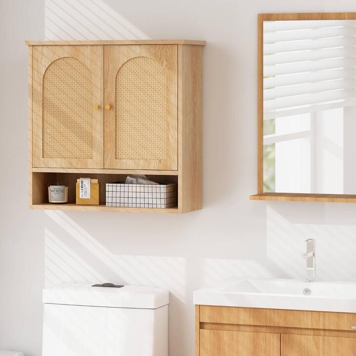 Costway bathroom medicine cabinet with rattan doors