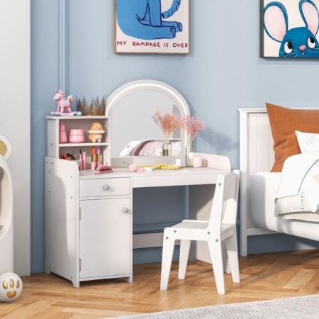 Costway vanity table and chair set kids makeup dressing table kids makeup playset kids vanity set girl’s vanity table and chair set wood makeup playset makeup vanity set girls vanity set pretend play vanity set with led lights mirror drawers