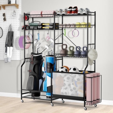 mobile sports equipment organizer sports storage cart ball storage rack golf bag storage rack with ball storage basket storage shelves yoga mat holder hanging hooks garage ball organizer movable sports gear storage organizer holder for home gym