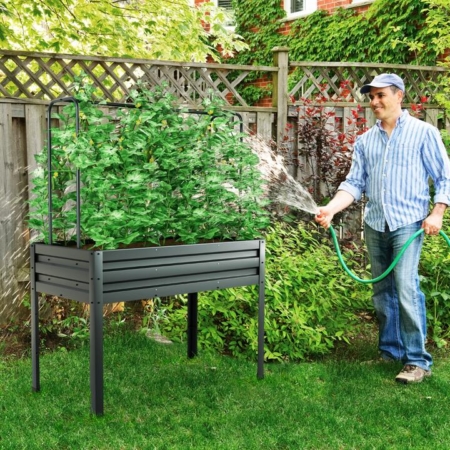 raised garden bed with cover and trellis