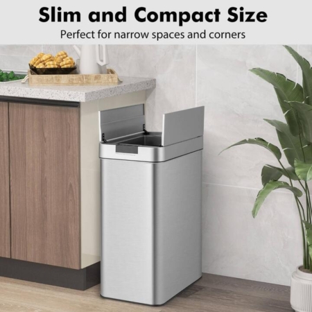 Costway slim trash can with soft close wing lids stay open kitchen garbage bin automatic motion sensor trash bin hand-free electronic motion sensor trashcan motion sense activated waste bin for small space touchless motion sensor stainless steel garbage can