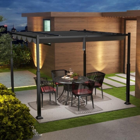 outdoor pergola with retractable sunshade canopy