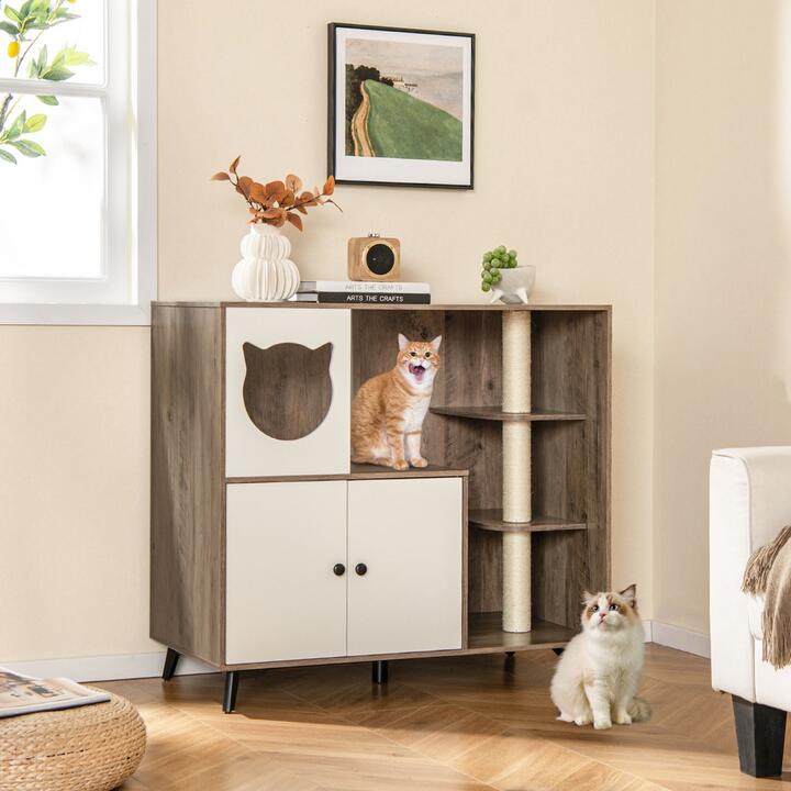 cat litter box enclosure with cat scratching posts and condo