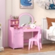 Costway vanity table and chair set kids makeup dressing table kids makeup playset kids vanity set girl’s vanity table and chair set wood makeup playset makeup vanity set girls vanity set pretend play vanity set with led lights mirror drawers