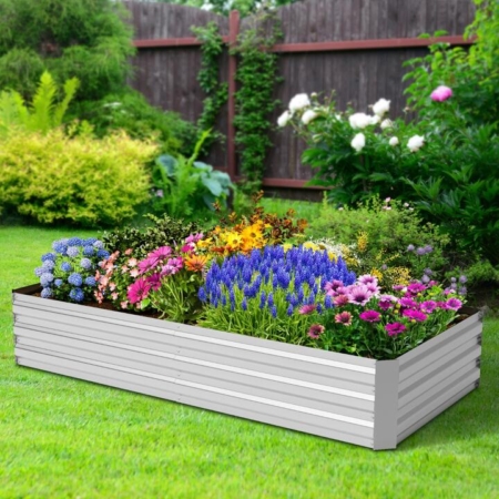 galvanized raised garden bed with greenhouse