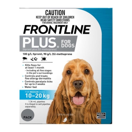 Frontline Plus For Medium Dogs 10 To 20kg (Blue) 3 Pipettes