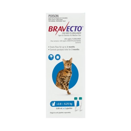 Bravecto Spot On For Medium Cats (2.8 - 6.25 Kg) Blue 2 Pipettes