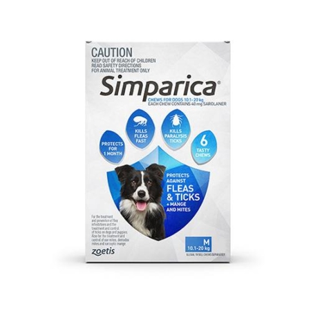 Simparica Chewables 40mg For Medium Dogs 10.1-20kg (Blue) 6 Doses