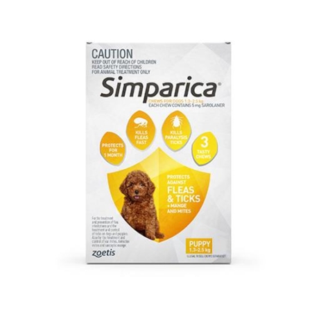 Simparica Chewables 5mg For Puppies 1.3-2.5kg (Yellow) 3 Doses