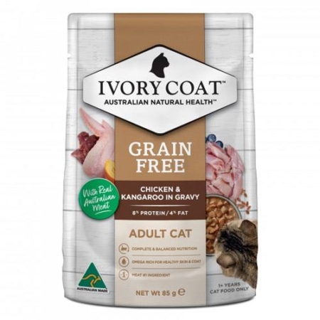 Ivory Coat Grain Free Adult Cat Pouch Wet Food Chicken And Kangaroo In Gravy 85g X 12 Pouches 1 Pack