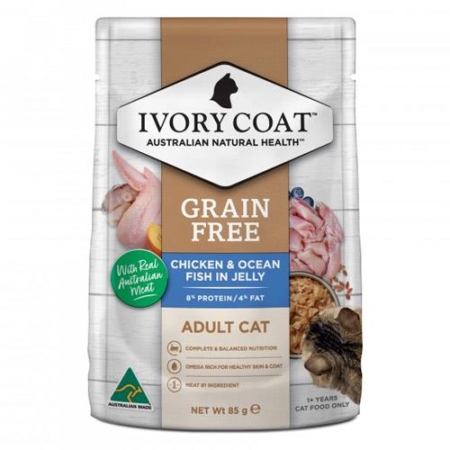 Ivory Coat Grain Free Adult Cat Pouch Wet Food Chicken And Ocean Fish In Jelly 85g X 12 Pouches 1 Pack
