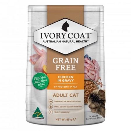 Ivory Coat Grain Free Adult Cat Pouch Wet Food Chicken In Gravy 85g X 12 Pouches 1 Pack