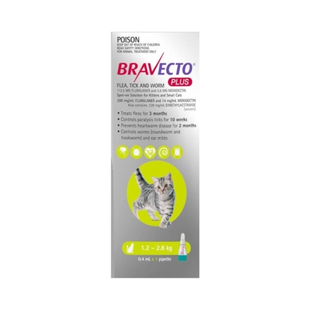 Bravecto Plus For Small Cats 1.2 – 2.8 Kg (Green) 1 Pack