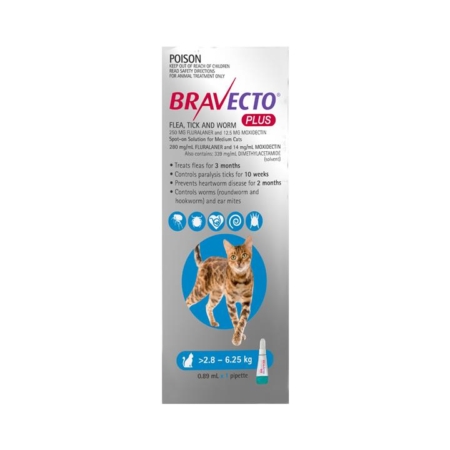 Bravecto Plus For Medium Cats 2.8 – 6.25 Kg (Blue) 1 Pack