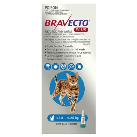 Bravecto Plus For Medium Cats 2.8 – 6.25 Kg (Blue) 2 Pack