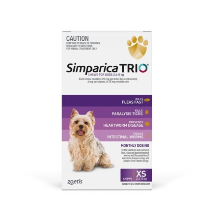 Simparica Trio For Xsmall Dogs 2.6-5kg (Purple) 3 Chews